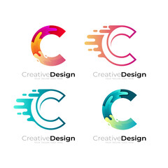 Set letter C logo with 3d colorful design, swoosh logo and express icons