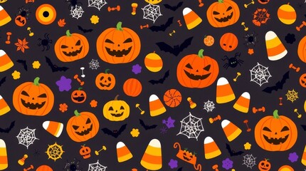 halloween themed pattern with pumpkins, ghosts, bats