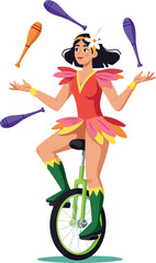 Female juggler on unicycle in colorful costume with juggling clubs vector illustration 