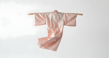 Fototapeta premium Person Wearing Elegant Pink Satin Kimono Floating in White Studio