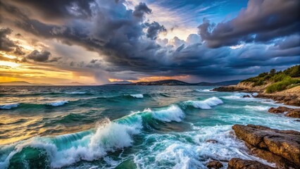 Naklejka premium Turbulent sea waves and a stormy sky over a Croatian coastline at dusk