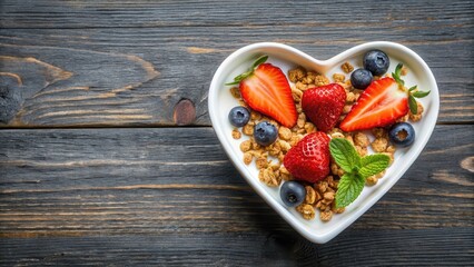 A bowl of yogurt shaped like a heart filled with colorful granola and fresh strawberries