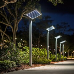 Outdoor solar light network using motion detectors, LED panels, recycled frames, battery storage, and smart grids for efficient, off-grid public lighting infrastructure