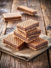 Crunchy wafer biscuits with rich chocolate cream on a rustic wooden table