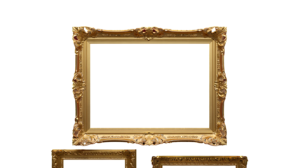 Ornate gold picture frame with decorative carvings and red accents isolated on a transparent background