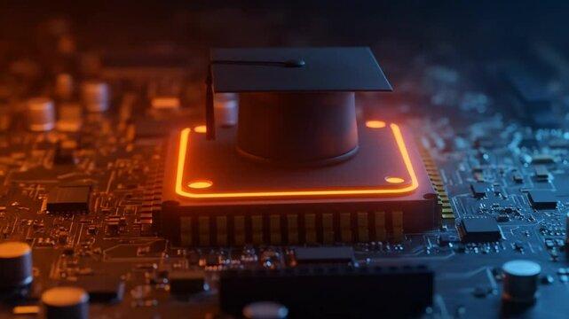 black graduation cap positioned over a central microchip on a circuit board