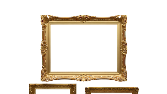 Ornate gold picture frame with decorative carvings and red accents isolated on a transparent background