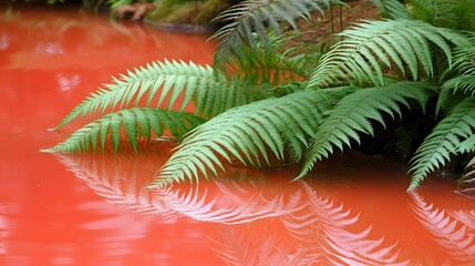 Obraz premium Vibrant Red Water with Lush Green Ferns