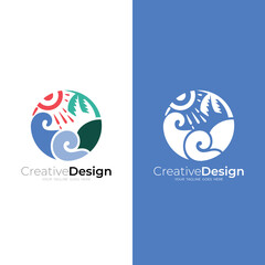 logo of beach atmosphere and beautiful sunset, wave and sea