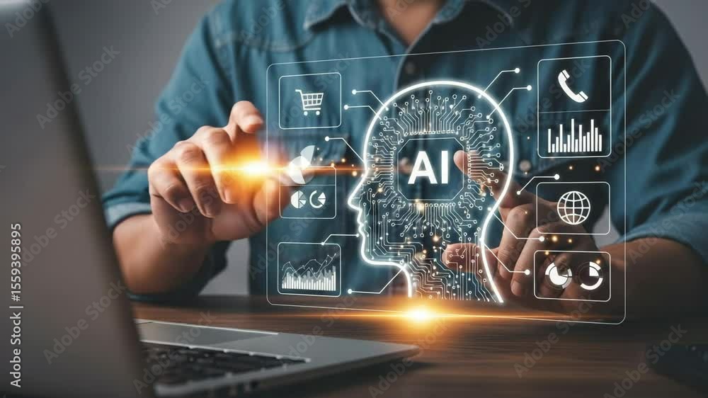 Leinwandbilder Man interacting with ai interface on laptop showing data charts and head outline with ai text