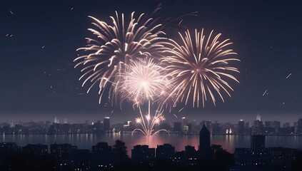 Spectacular fireworks illuminate the night sky of New York city. USA independence day, 4th July