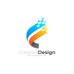 F logo and pixel design technology, 3d colorful design