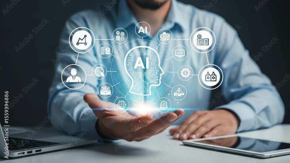 Poster man presenting ai hologram with laptop and tablet on desk in a light blue button down shirt