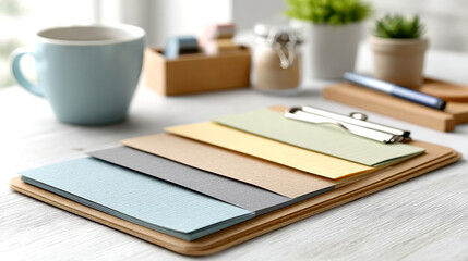 A clipboard holds multiple sheets of pastel-colored paper, placed on a white wooden desk with a coffee mug and potted plants in the blurred background.