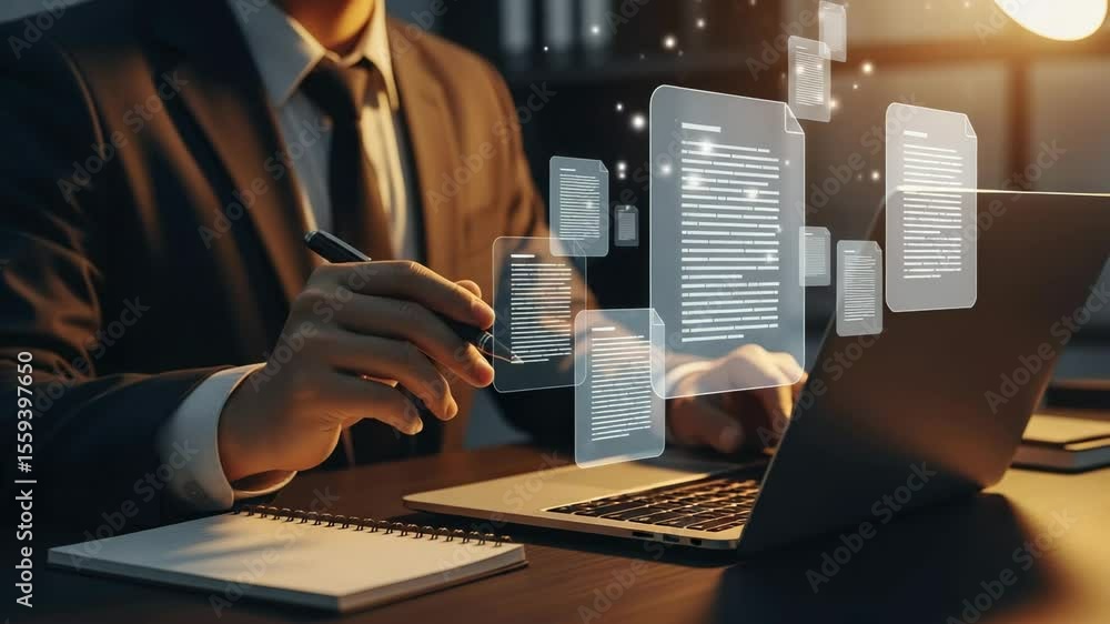 Leinwandbilder Man in suit using laptop with floating document icons and notebook on desk in dim lighting setting