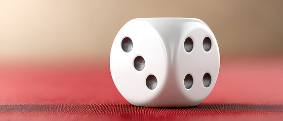 A close-up image of a white six-sided die showing the numbers three and five on adjacent faces, resting on a textured red surface with a blurred beige background.