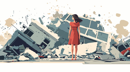 Powerful Earthquake Illustration Featuring a Red Cross Woman