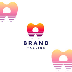 Sunset Beach Inside Teeth Silhouette Logo Design. Tooth Icon With Sunset Gradient Lines Logo Design.