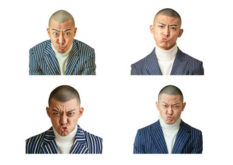 坊主頭ビジネスマンの変顔4ポーズ ― 背景透過ポートレートセット