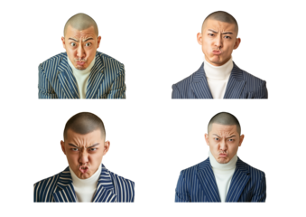 坊主頭ビジネスマンの変顔4ポーズ ― 背景透過ポートレートセット