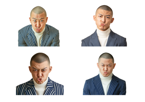 坊主頭ビジネスマンの変顔4ポーズ ― 背景透過ポートレートセット