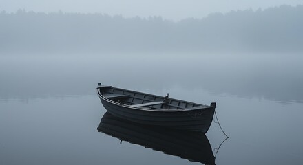 Lonely boat floating on a misty lake