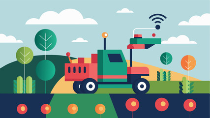 An automated harvesting system equipped with sensors to monitor realtime quality factors such as color and size and make adjustments for optimal harvesting.. Vector illustration