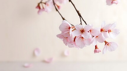 Closeup of a cluster of delicate pink cherry blossoms on a branch against a soft white background