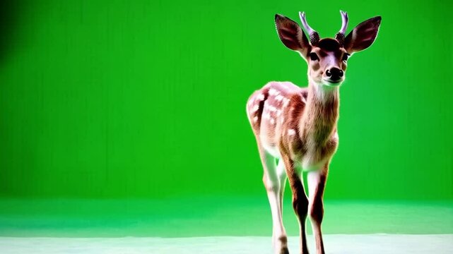 A young deer with small antlers walking forward on a vibrant green background in studio shot green screen animal video