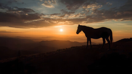 Silhouette of a Horse in the Mountains at Sunset – Wild and Majestic Landscape Scene