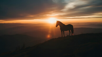 Silhouette of a Horse in the Mountains at Sunset – Wild and Majestic Landscape Scene