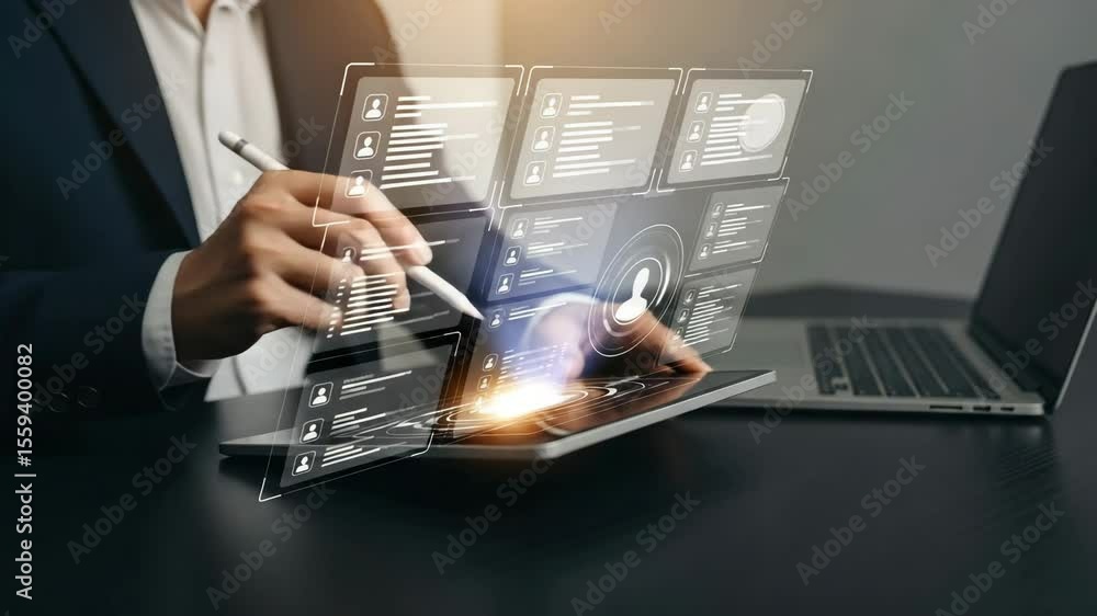 Poster Man in suit using tablet with digital interface and stylus near laptop on a dark surface