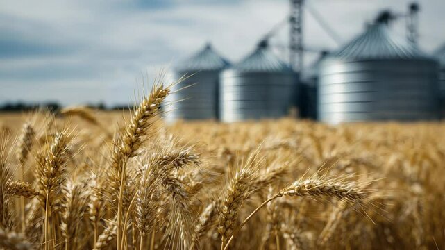 Golden Wheat Field with Grain Silos Under Cloudy Sky in Rural Landscape