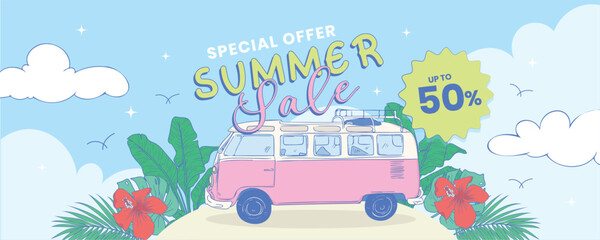 Summer Vacation Promo Banner Hand Drawn Style.  Perfect for seasonal promotions, online advertisements, and social media marketing related to summer sales, travel, and vacation deals.