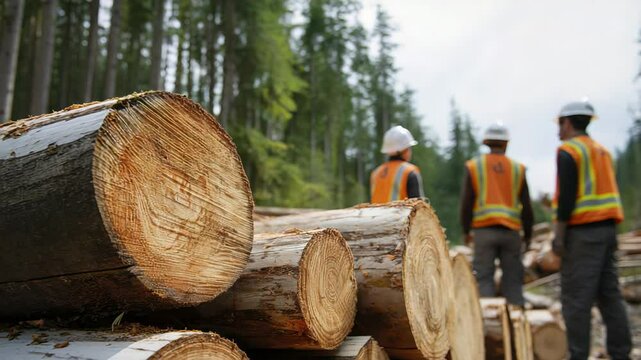 Lumberjacks Wearing Safety Gear Inspecting and Stacking Large Logs in a Forest Clear-Cut Area