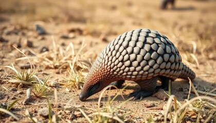 a pangolin foraging in a dry, grassy field