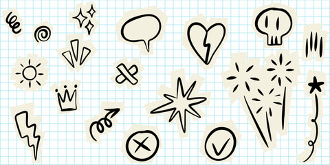 set of hand drawn doodle style stickers on a blue grid paper background. Includes symbols lightning bolts, stars, fireworks, speech bubbles, broken heart, crown, skull, check mark, and sunburst.