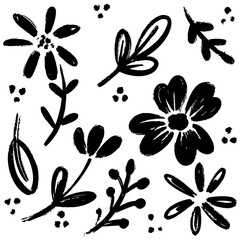 collection of hand drawn floral doodles in bold black brushstroke style on white background.