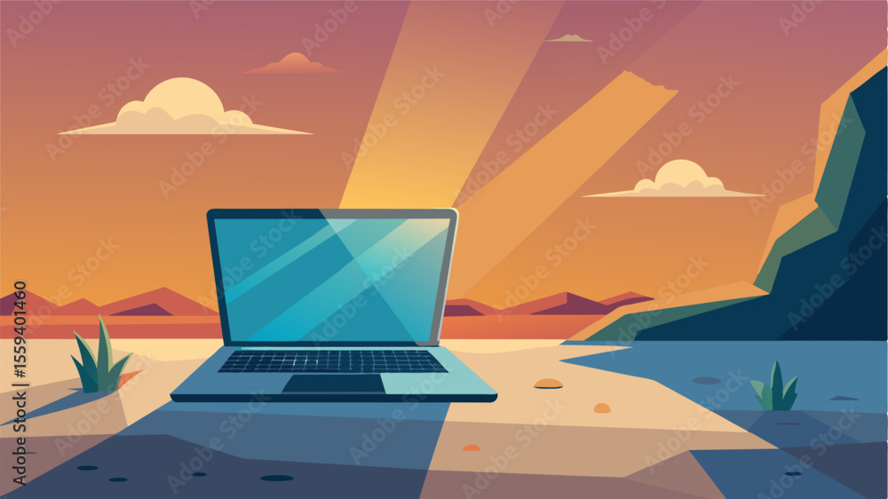Poster the suns rays illuminate a luxurious laptop sitting atop a stone table creating a picturesque scene 