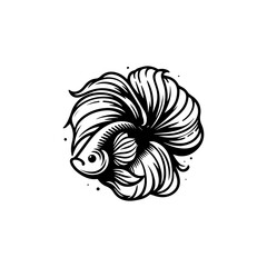 Stylized illustration of a betta fish with elaborate fins, presented in black and white line art.