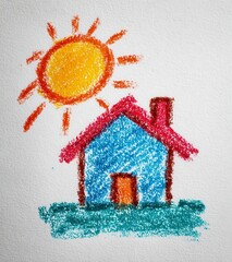 Child's Crayon Drawing Blue House Yellow Sun White Background