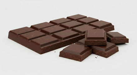 Hand-Cut Pieces of Natural Sugar-Free Dark Chocolate Bar on White Background