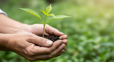 Hands holding a young plant seedling, growth, sustainability.