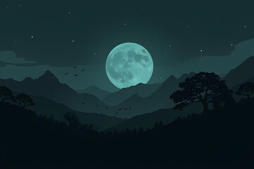 Fototapeta premium Serene Night Landscape with Full Moon and Mountains Silhouette
