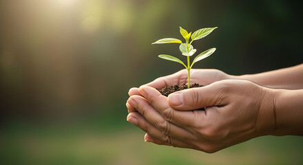 Hands holding a young plant seedling, growth, sustainability.