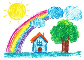 Childlike Drawing of a House, Tree, and Rainbow