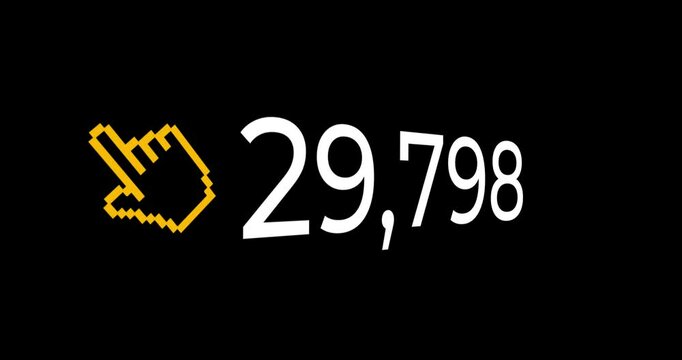 Number counting animation with a yellow pixelated hand cursor icon on a black background with slight movement