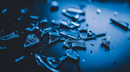 Shattered Glass Pieces on Dark Blue Surface Closeup Photo