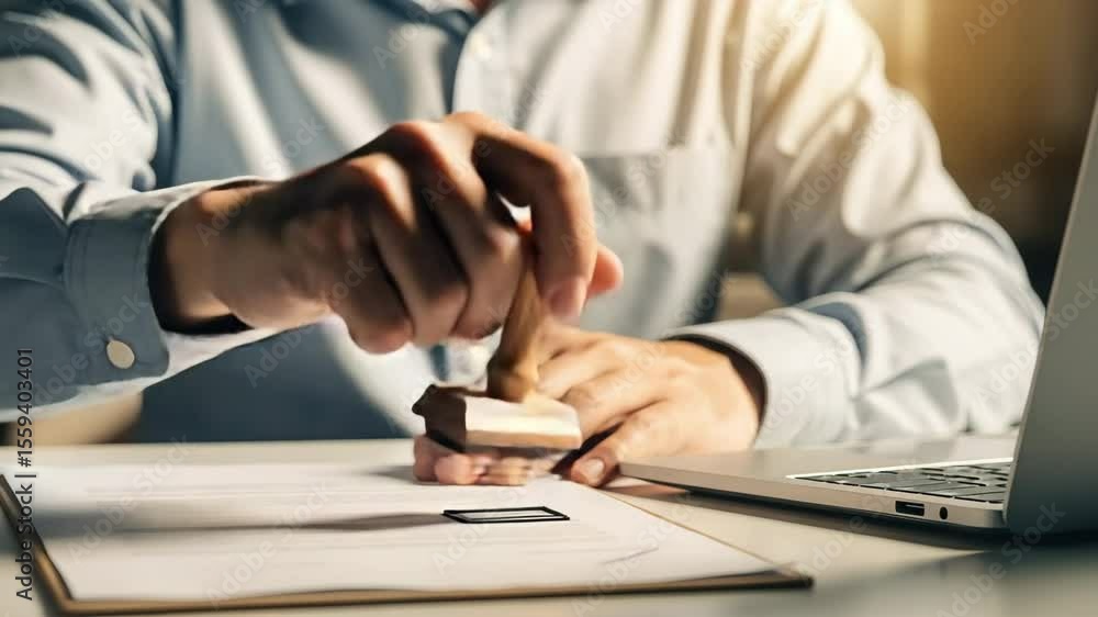 Poster man holding a wooden stamp over a document next to a laptop on a desk in an office setting