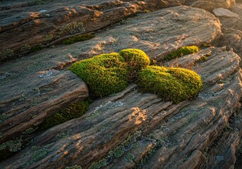 Close up of vibrant green moss growing on weathered rock formations bathed in golden sunlight